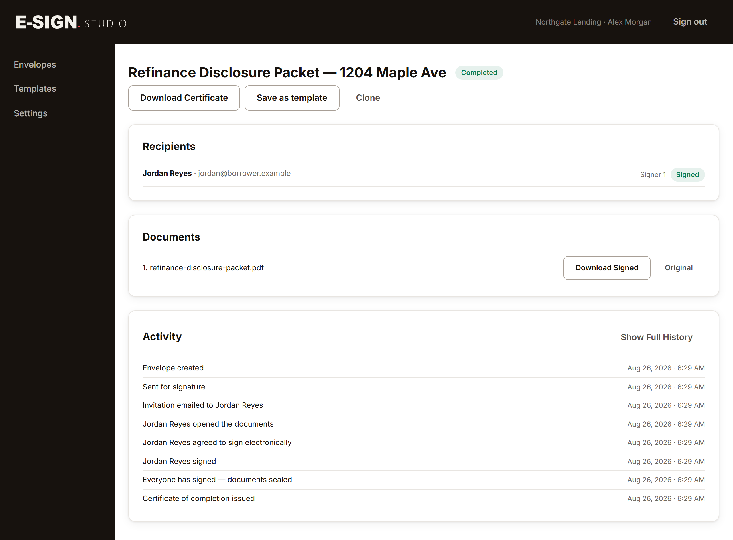 An envelope's activity feed, listing its steps from creation to certificate.