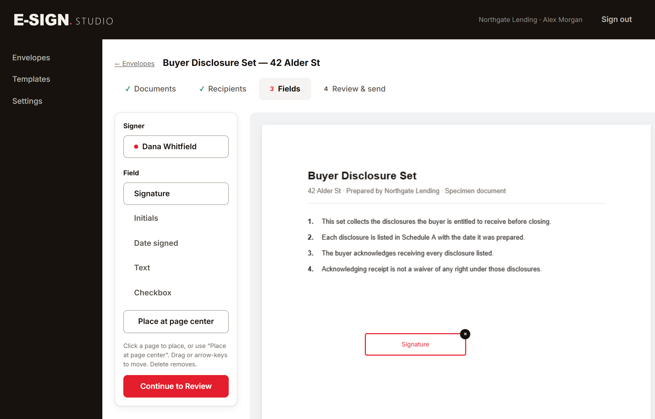 The envelope builder with a signature field placed on a document.